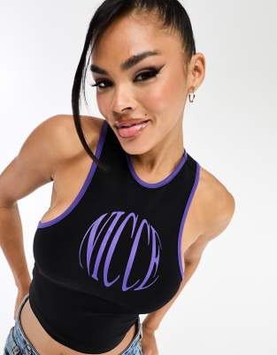 Nicce Nicce able cropped vest top in black with chest logo print