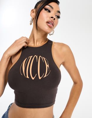 Nicce Nicce able cropped vest top in brown with chest logo print