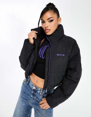 Nicce alia cropped puffer jacket in black with purple trim-Blue