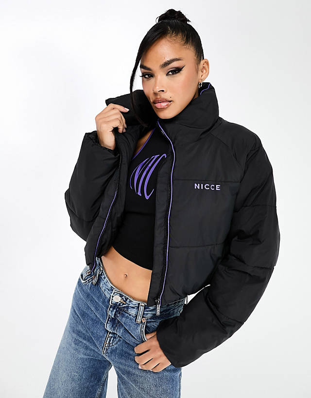 Nicce - alia cropped puffer jacket in black with purple trim