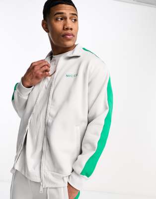 Nicce Nicce breton co-ord track jacket in grey with green stripe