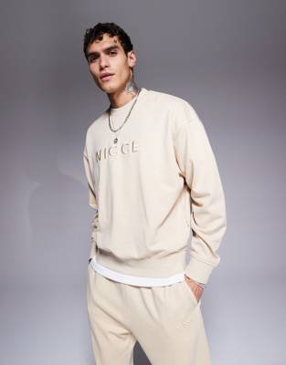 Nicce Nicce co-ord logo washed crew neck sweat in beige-Neutral