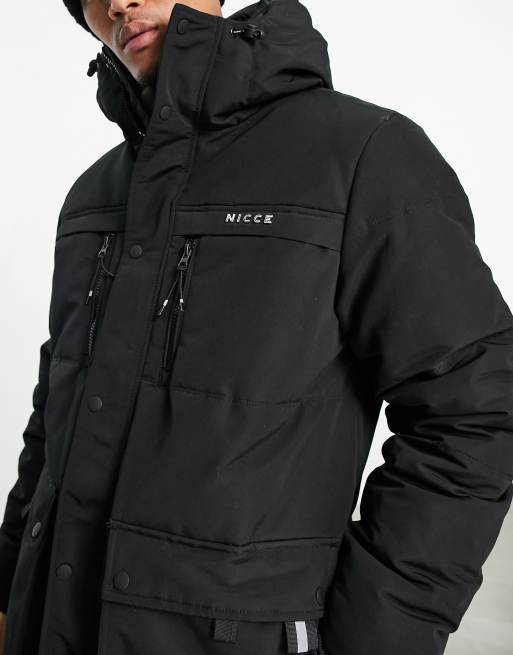 Nicce parka jacket in store black with fur hood