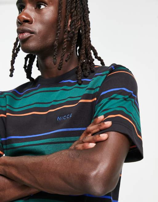 Nicce Ferndale – Gestreiftes T-Shirt in gebrochenem Grün