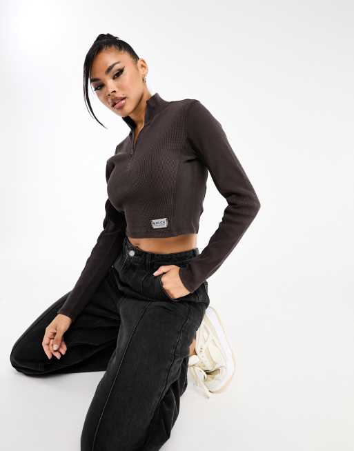 Nicce Kira waffle half zip long sleeve top in charcoal grey (part of a set)