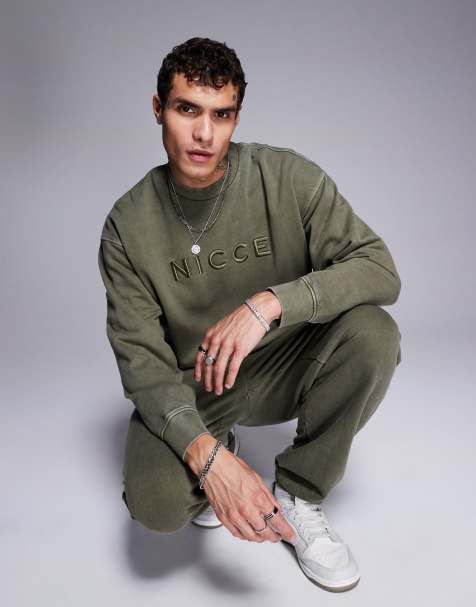 Nicce logo washed crew neck sweat in khaki (part of a set) - view 1