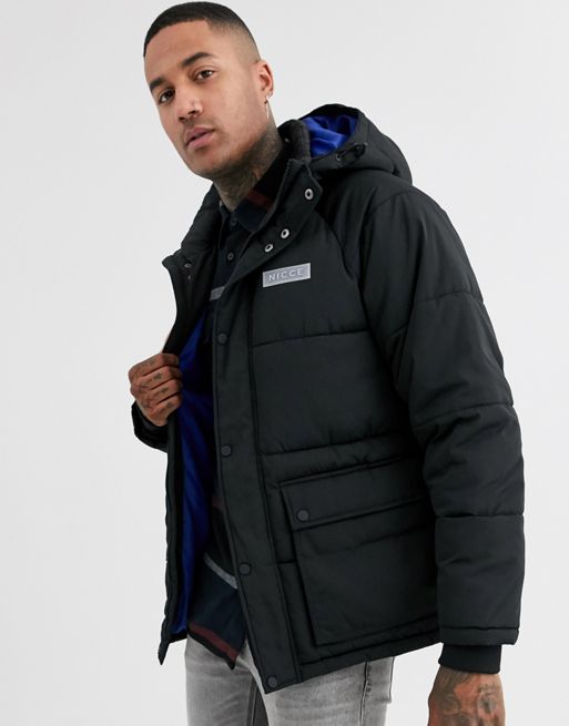 Nicce long puffer coat with hood in black | ASOS
