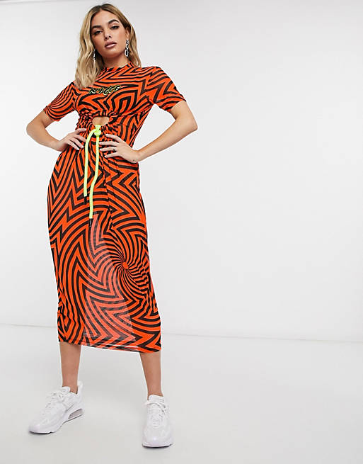 Nicce midi dress with front logo and drawstring cut out in neon graphic print