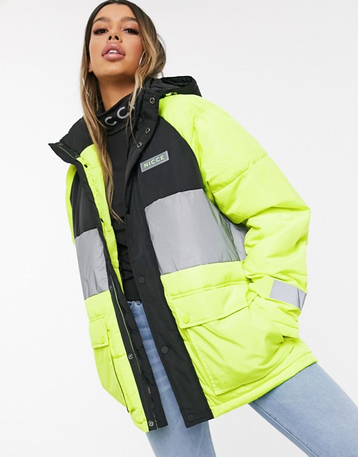 Nicce padded jacket with front logo and reflective taping in neon
