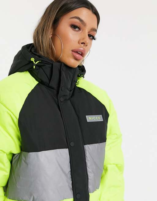 Nicce padded jacket with front logo and reflective taping in neon