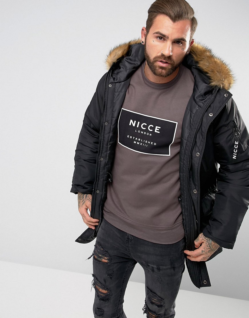 Nicce Parka In Black With Faux Fur Hood