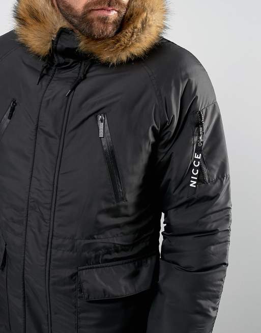 Nicce parka jacket in cheap black with fur hood