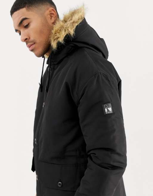 Nicce parka jacket in cheap black with fur hood