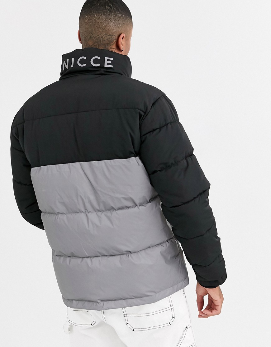 Nicce puffer jacket in black with reflective panel-Silver