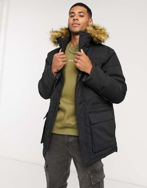 Nicce parka jacket in clearance black with fur hood