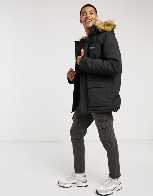 Nicce parka jacket in best sale black with fur hood