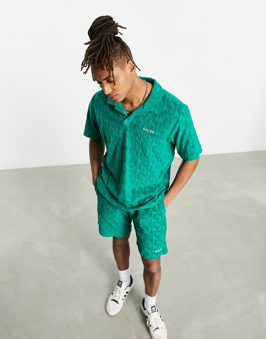 Nicce rue co-ord towelling polo shirt in bottle green