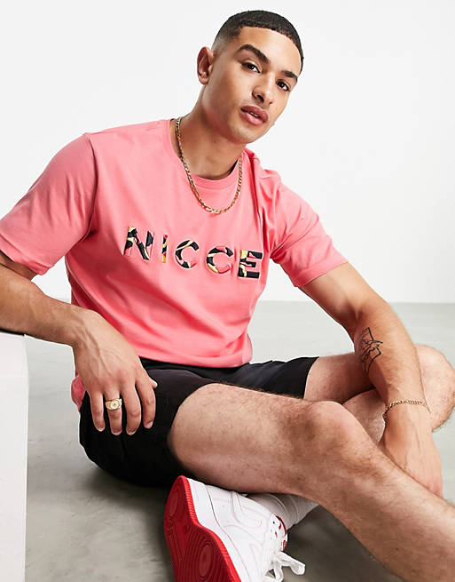 Men Nicce saturn embroidered t-shirt in coral 