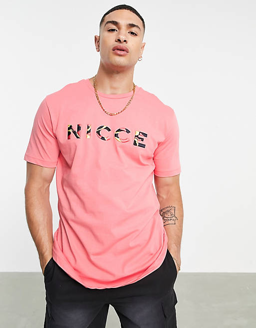 Men Nicce saturn embroidered t-shirt in coral 
