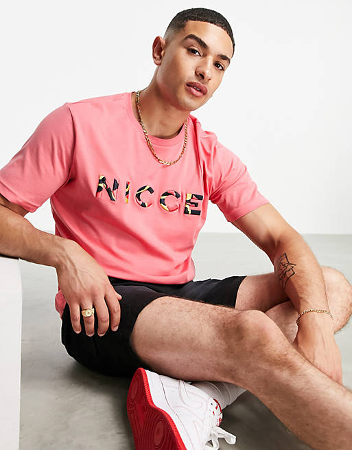 Nicce saturn embroidered t-shirt in coral