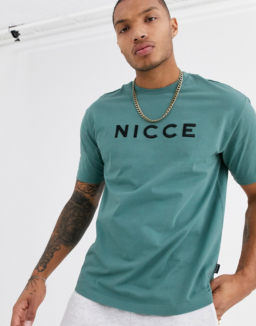 Nicce - T-shirt pesante oversize verde-azzurro con logo ricamato