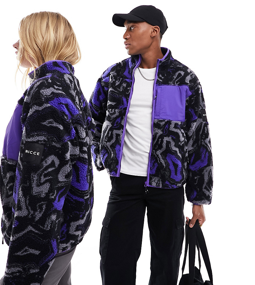 Nicce unisex tove borg fleece jacket in purple and grey distorted print-Multi