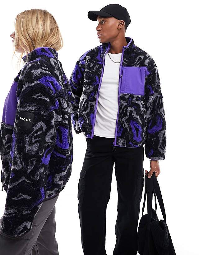 Nicce - unisex tove borg fleece jacket in purple and grey distorted print
