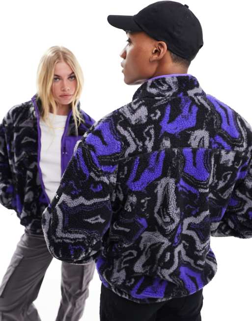 Nicce unisex tove borg fleece jacket in purple and grey distorted print