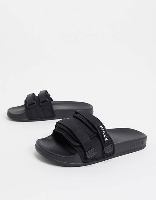 Afkorten kunstmest achter Nicce - Velcro - Slippers met bandje en logo in zwart | ASOS