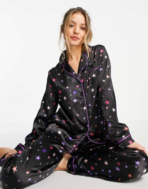 Night 5 piece pajama satin gift set in navy multi star print