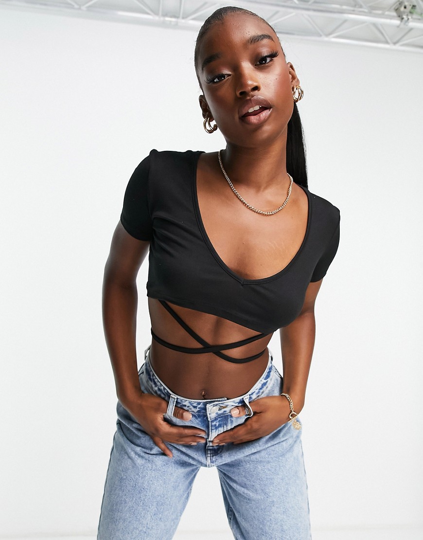 Night Addict body strap cropped t-shirt in black