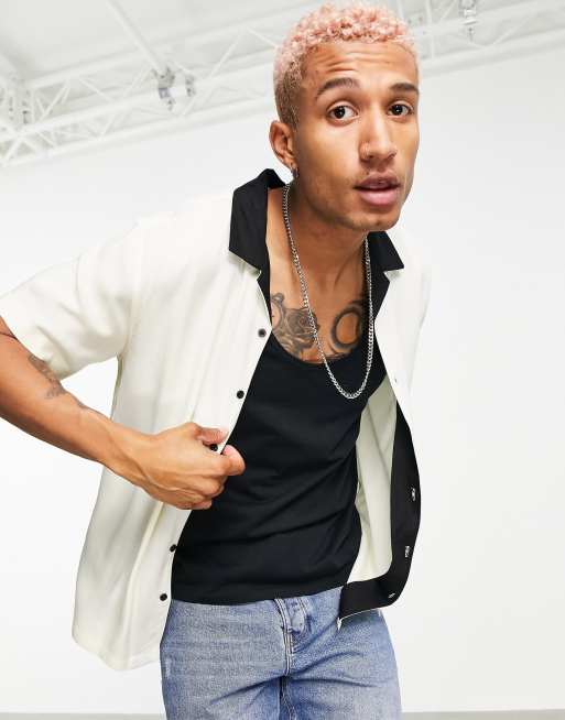 Night Addict - Camicia a maniche corte con colletto cubano e stampa tenue crema