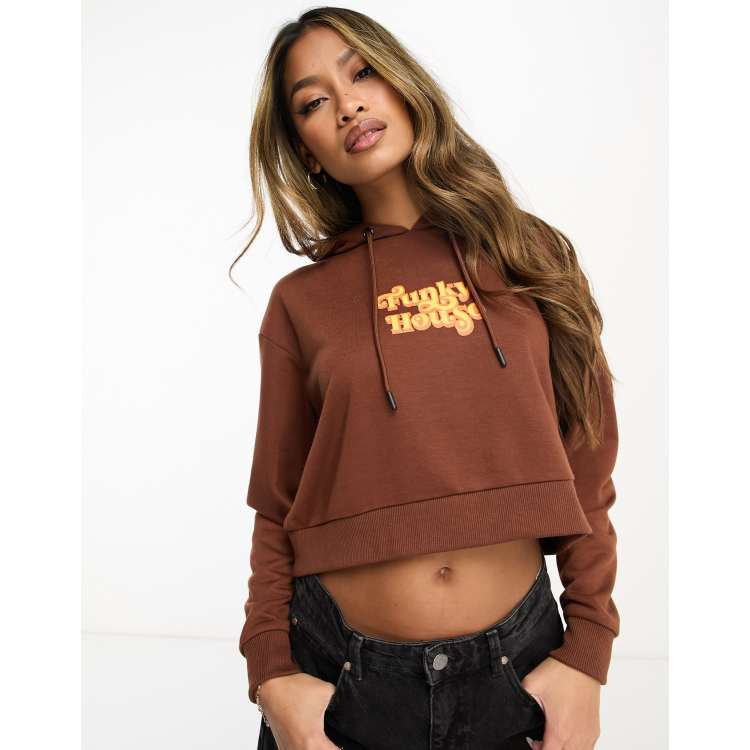 Night Addict cropped hoodie with funky house print in chocolate brown | ASOS