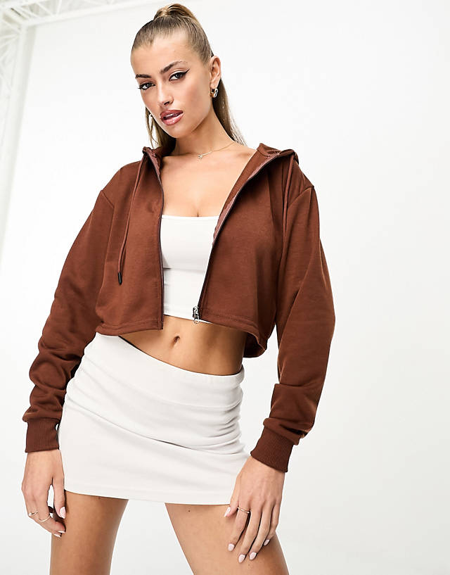 Night Addict - cropped zip thru hoodie co-ord in chocolate brown