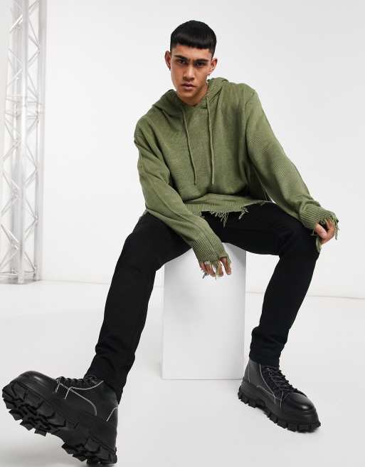 Night Addict distressed hooded sweater in khaki | ASOS