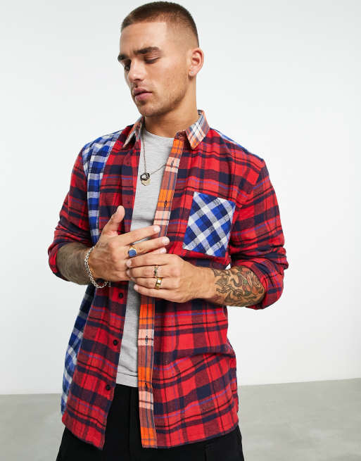 Night Addict – Flanelowa koszula oversize z łączonych elementów w czerwoną kratkę