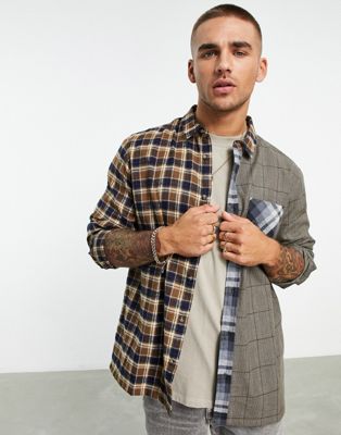 Night Addict flannel spliced check oversize fit shirt in brown