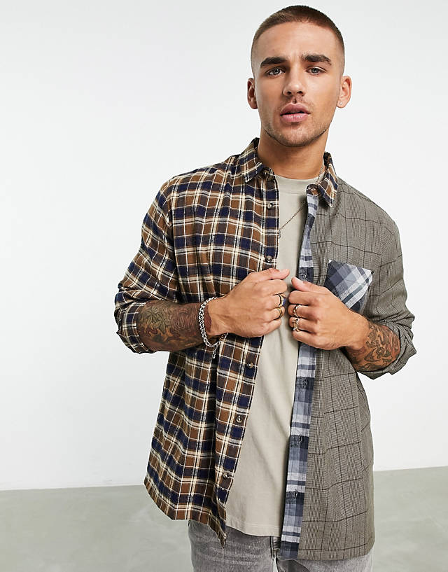 Night Addict - flannel spliced check oversize fit shirt in brown