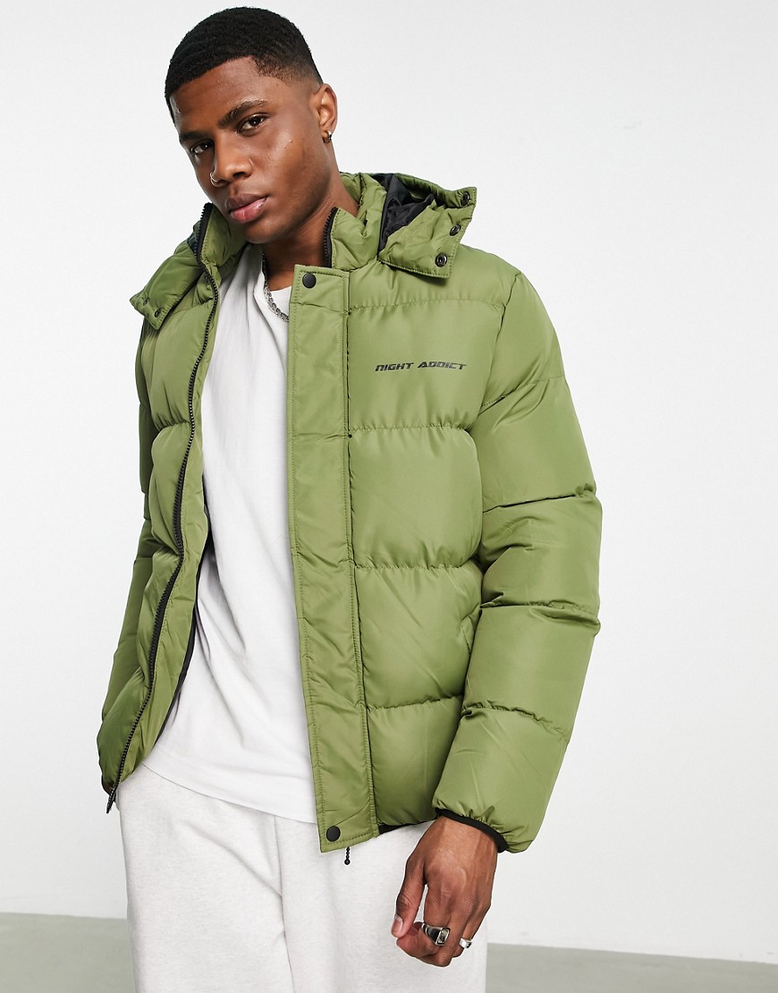 Night Addict hooded puffer jacket in khaki-Green