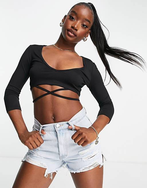 Night Addict long sleeve crop top with strap detail in black