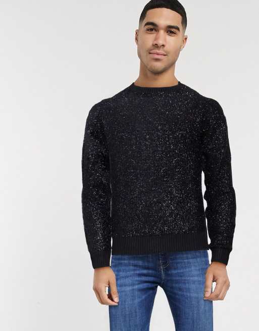 Night Addict - Metallic zwarte partytrui met ronde hals