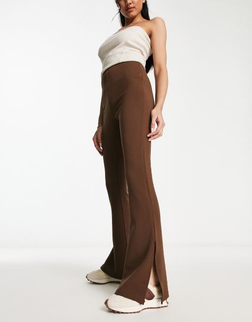 Dark Chocolate Split Hem Flared Trousers, Womens Trousers