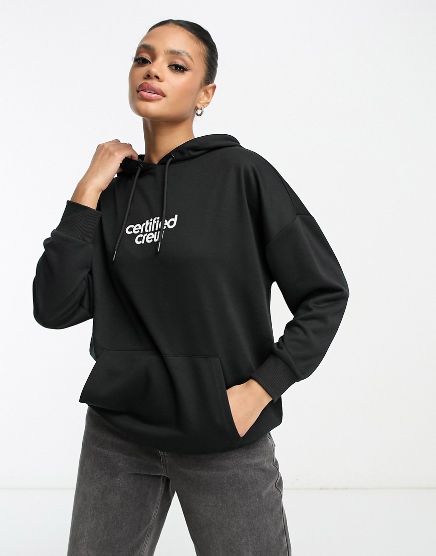 Night Addict oversized hoodie with certified crew print in black