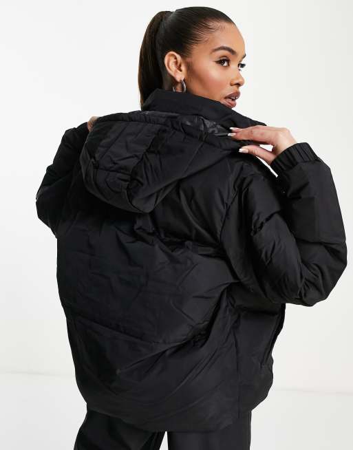 Black oversized puffer outlet jacket with hood