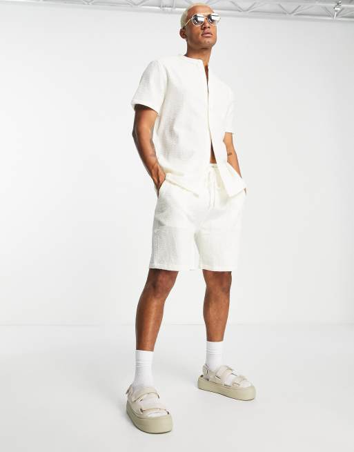 Night Addict - Pantaloncini con elastico in vita in seersucker crema in coordinato