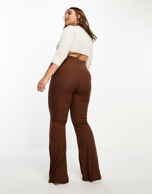 Night Addict Plus ribbed flared leggings in chocolate brown