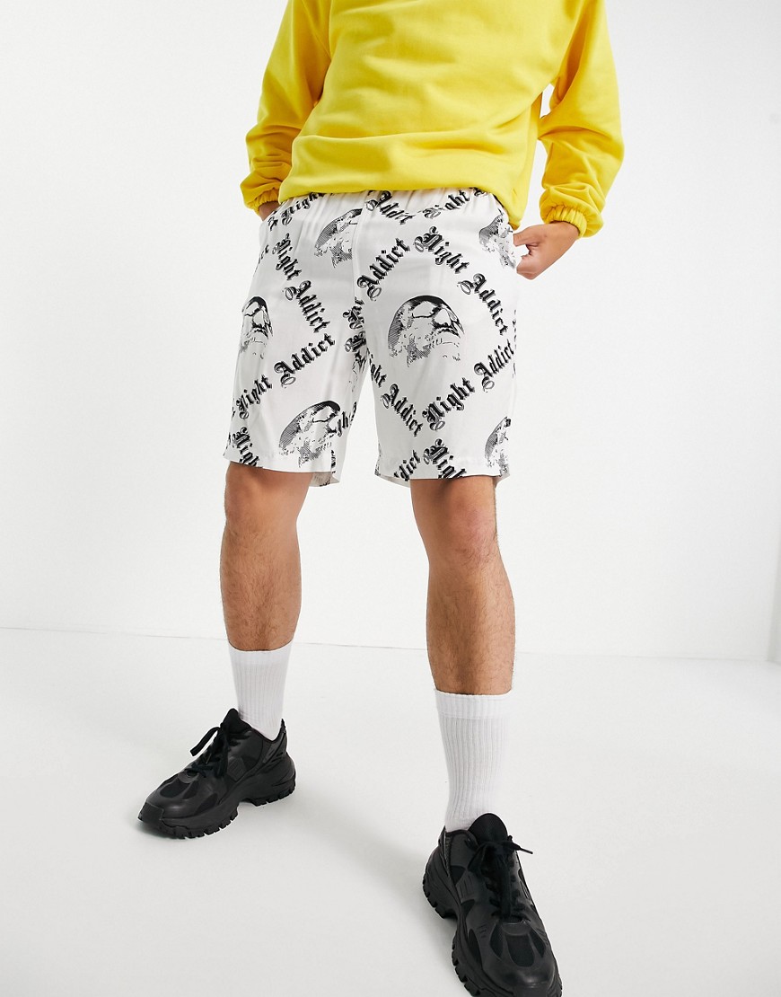 Night Addict Retro Printed Jersey Shorts In White - Part Of A Set