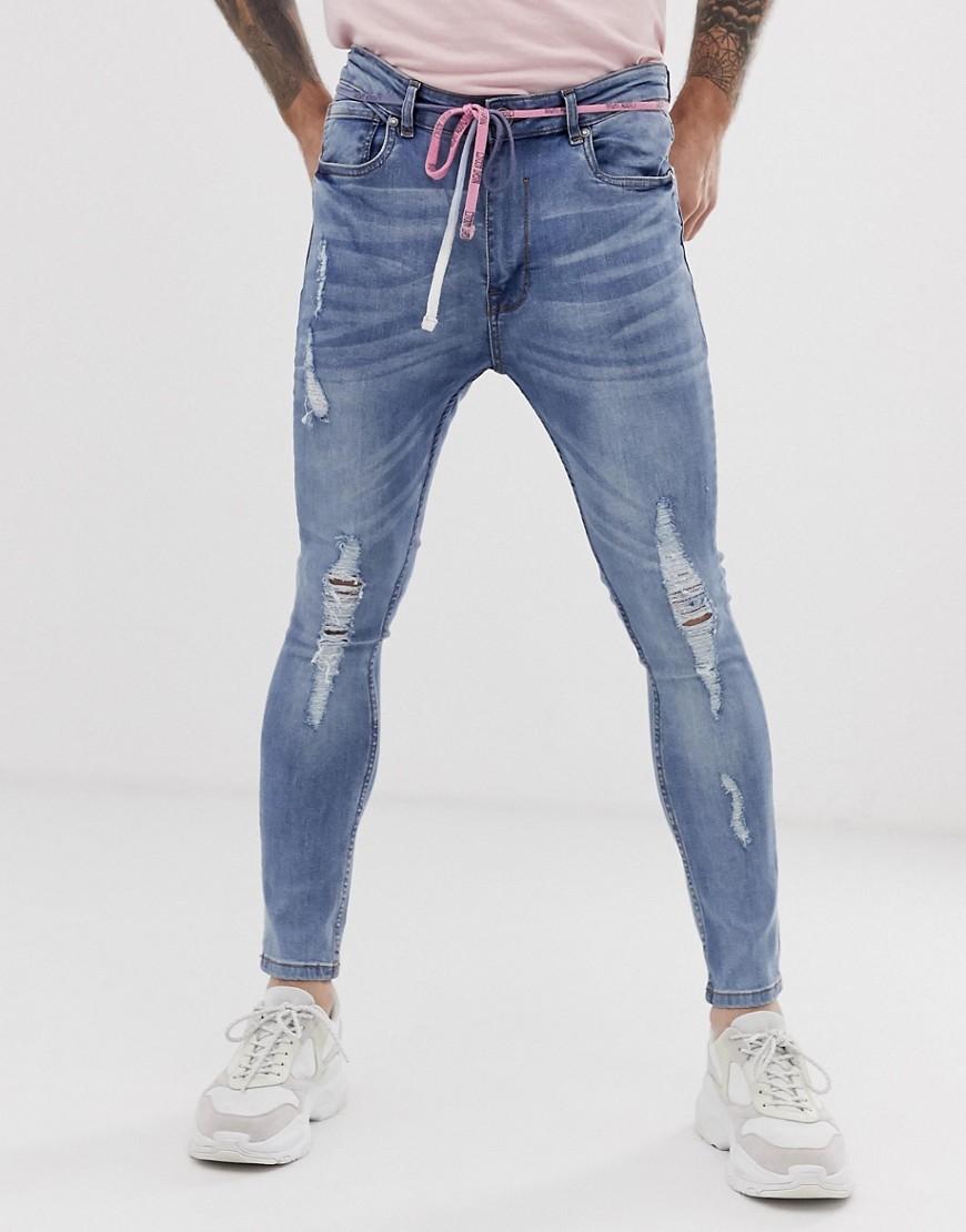 Night Addict ripped skinny jeans with waist rope-Blue
