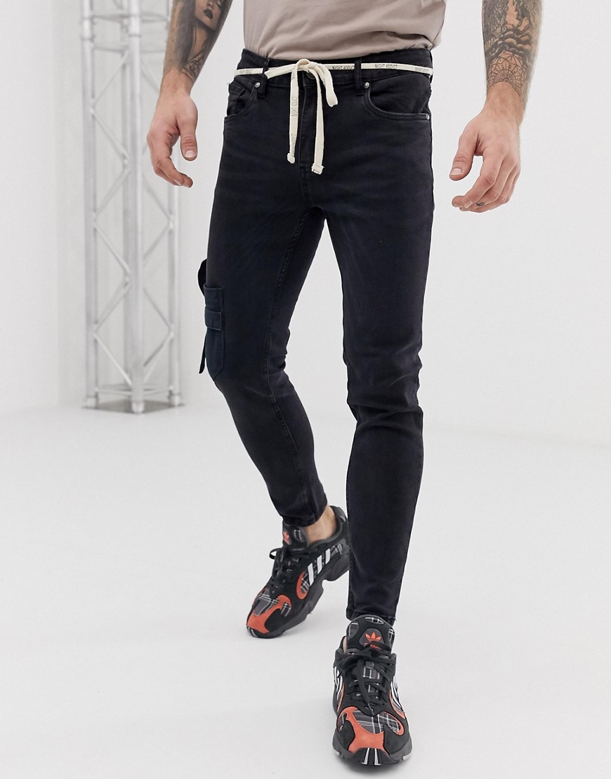 Night Addict - Skinny-fit jeans met zakken en touw in de taille-Zwart