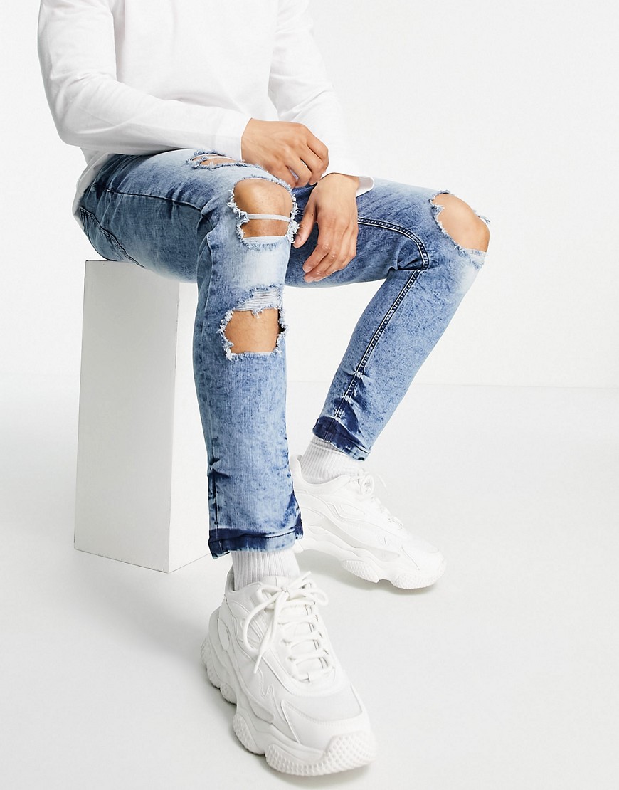 Night Addict - Skinny jeans met destroyed effect in blauw met acid wash